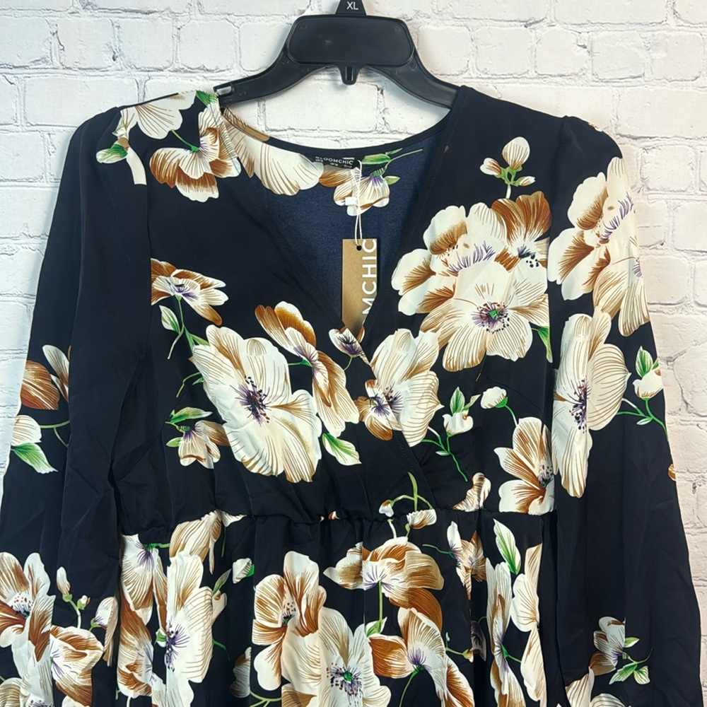 BloomChic Navy Floral Surplice Neck Lantern Sleeve Pocket Dress Size Large 12 - Picture 5 of 7